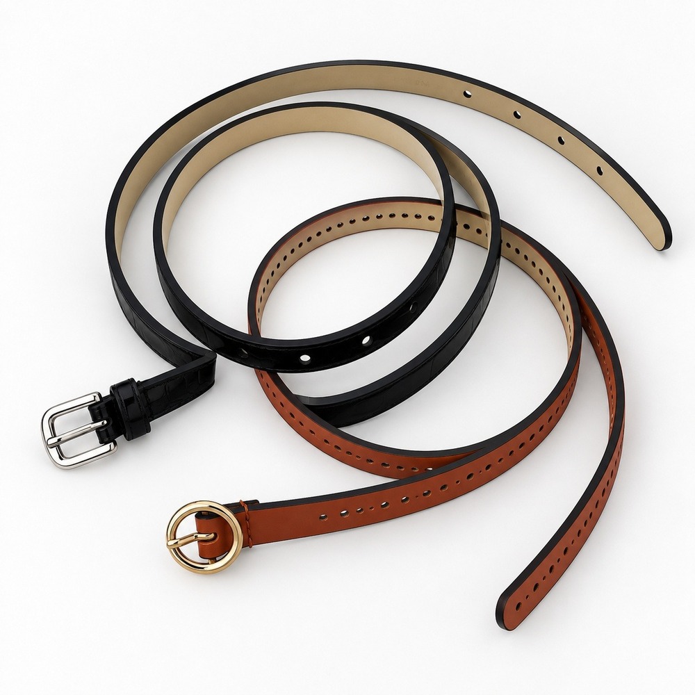 2 Skinny Belts Set Womens XL Black Brown Excellent Croc Embossed Smooth